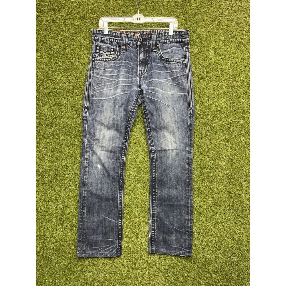 Rock Revival Jeans Mens 32 Phil Slim Straight Fit Grunge Denim Embellished